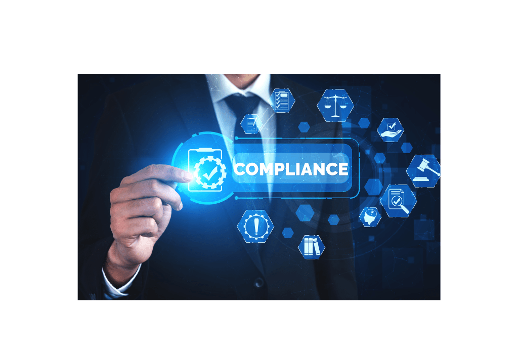 Business professional highlighting the word "Compliance" with icons representing regulations, law, and audit readiness.