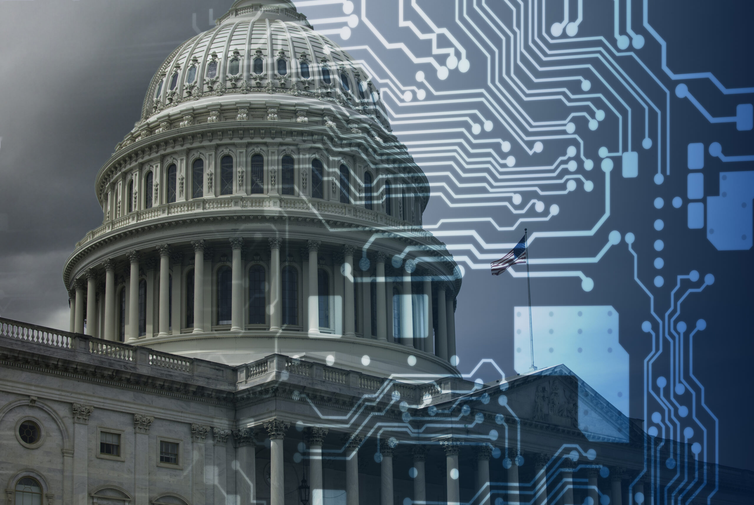U.S. Capitol building with digital circuit overlay symbolizing technology integration in government contracting operations