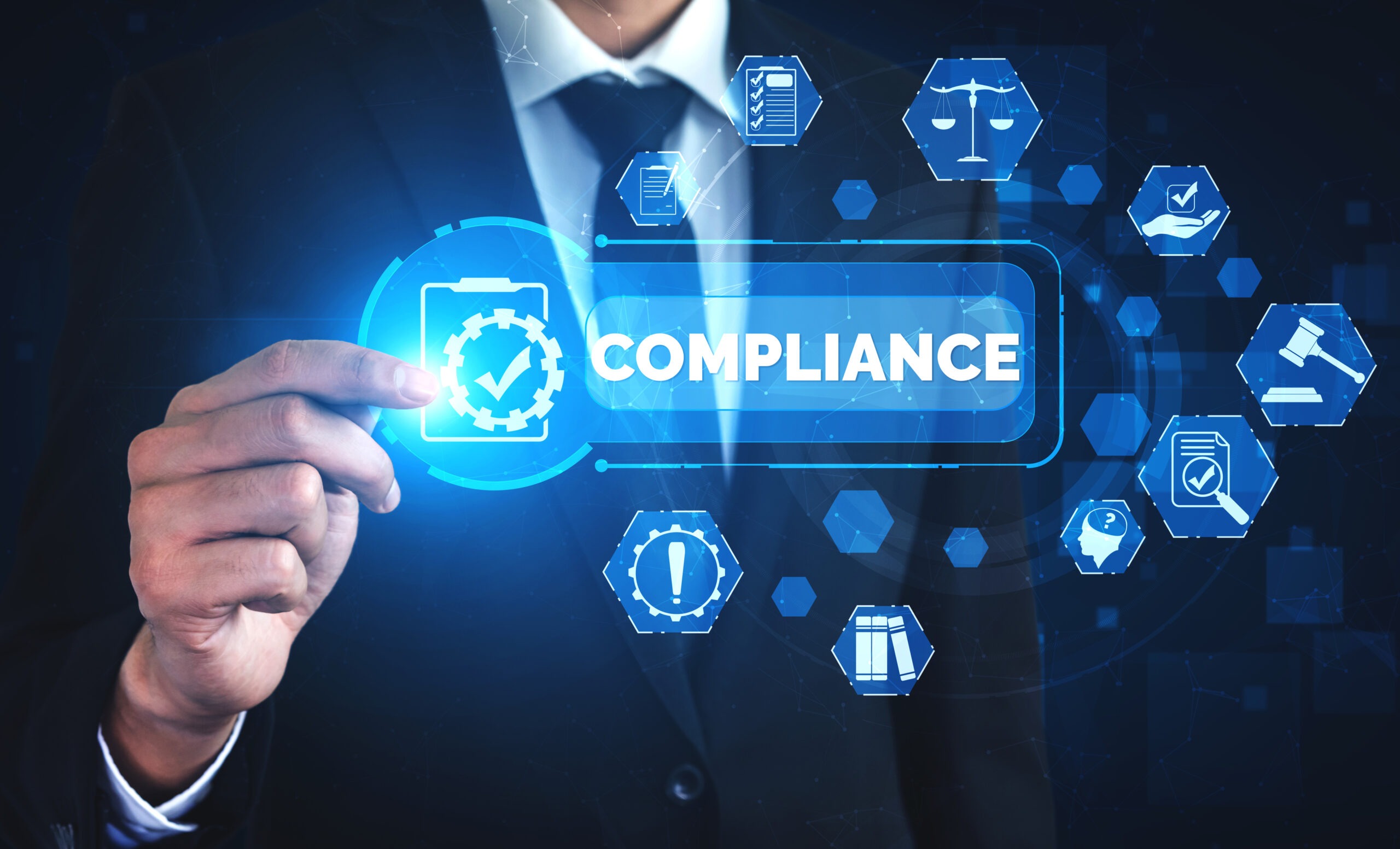 Business professional highlighting compliance concept with digital icons for regulations,DCAA-Compliance, audits, and legal standards