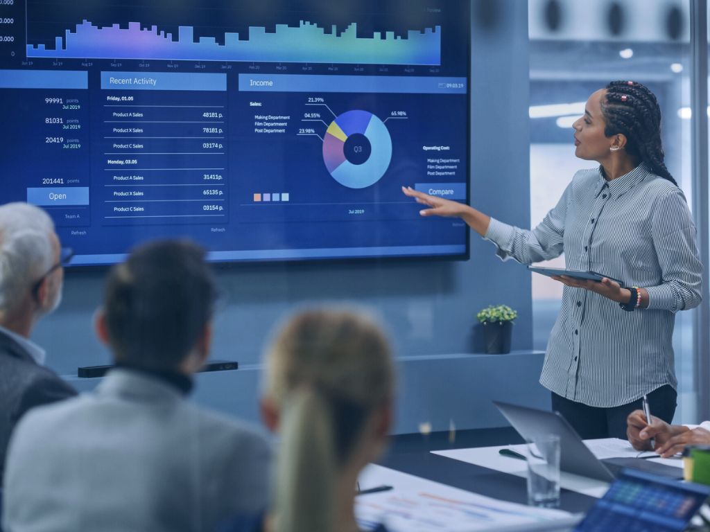 CFO Advisory and Controller Services image of executive pointing to a monitor with financial data dashboard