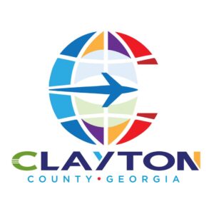 Clayton County Georgia logo with globe and airplane