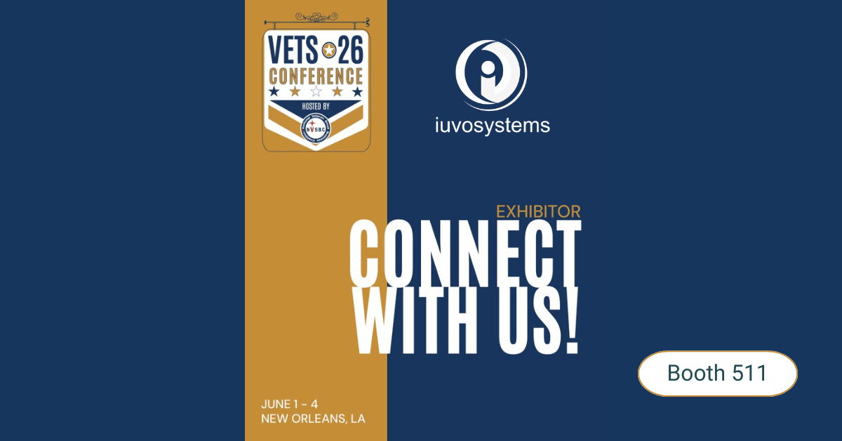 Graphic announcing Iuvo Systems as an exhibitor at the VETS26 Conference in New Orleans, June 1–4, with event branding and booth information displayed.