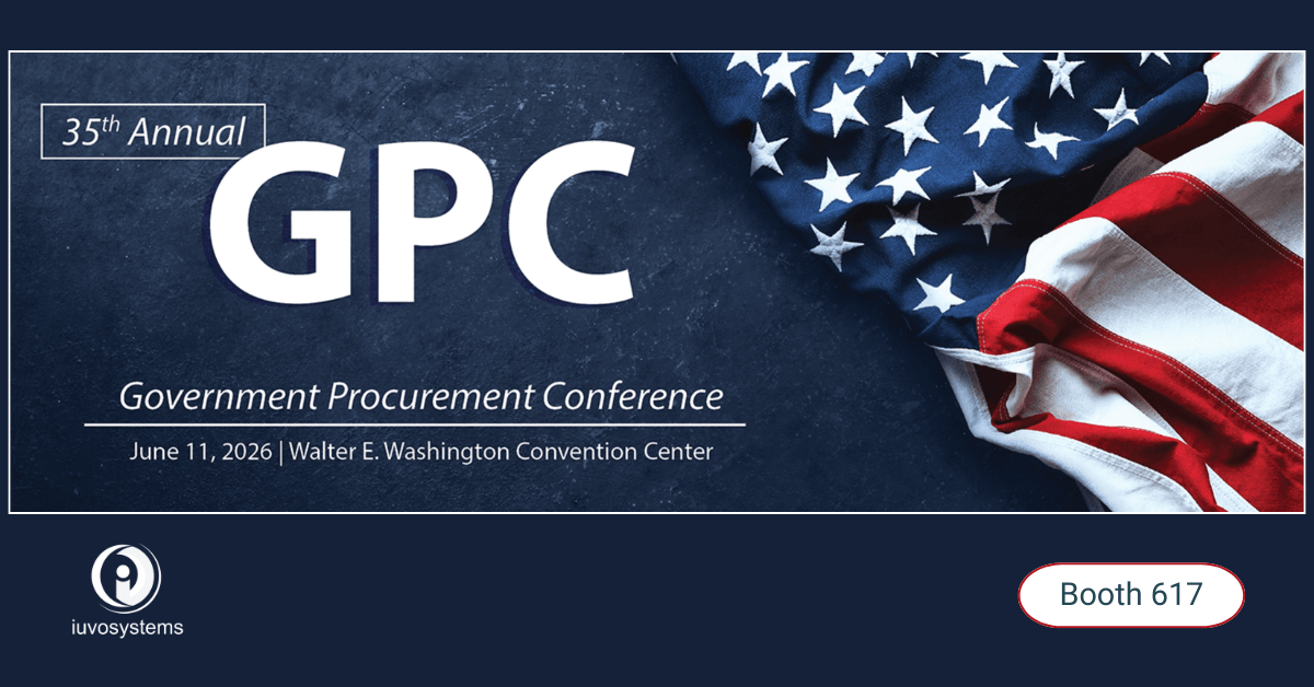 Graphic announcing Iuvo Systems as an exhibitor at the Government Procurement Conference, with event branding and booth information