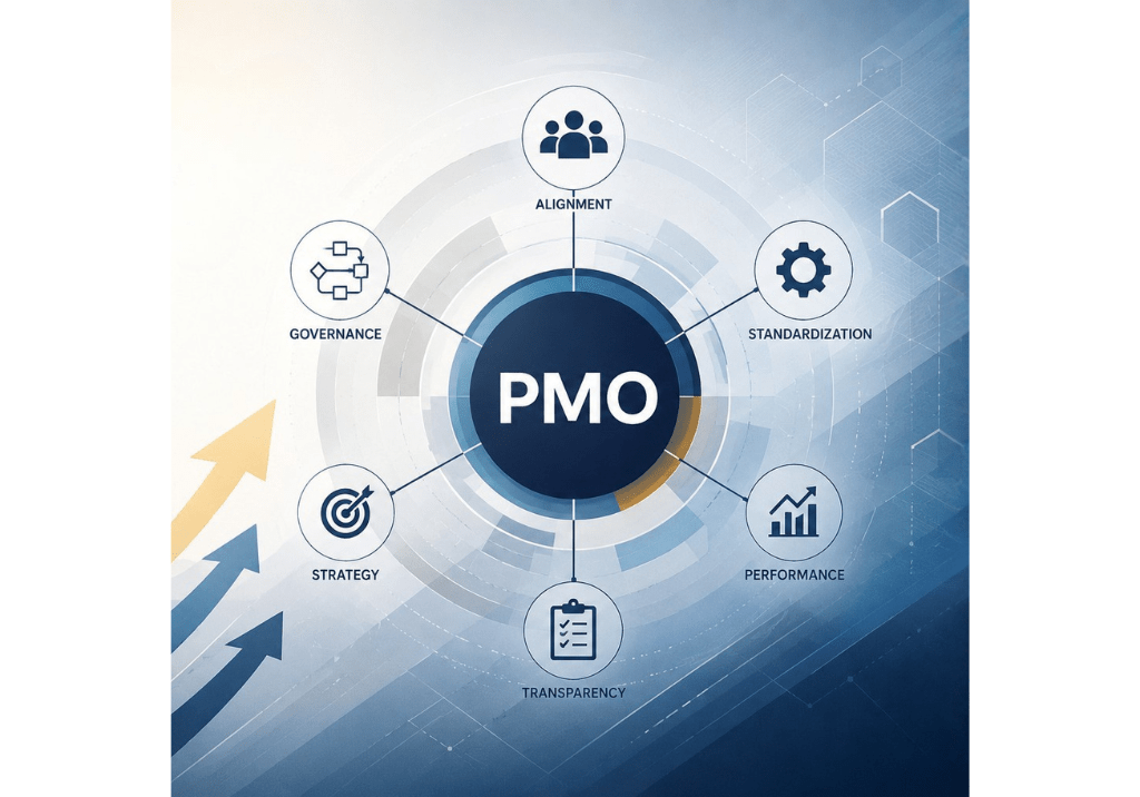 Project Management Office (PMO) diagram showing governance, alignment, strategy, standardization, transparency, and performance