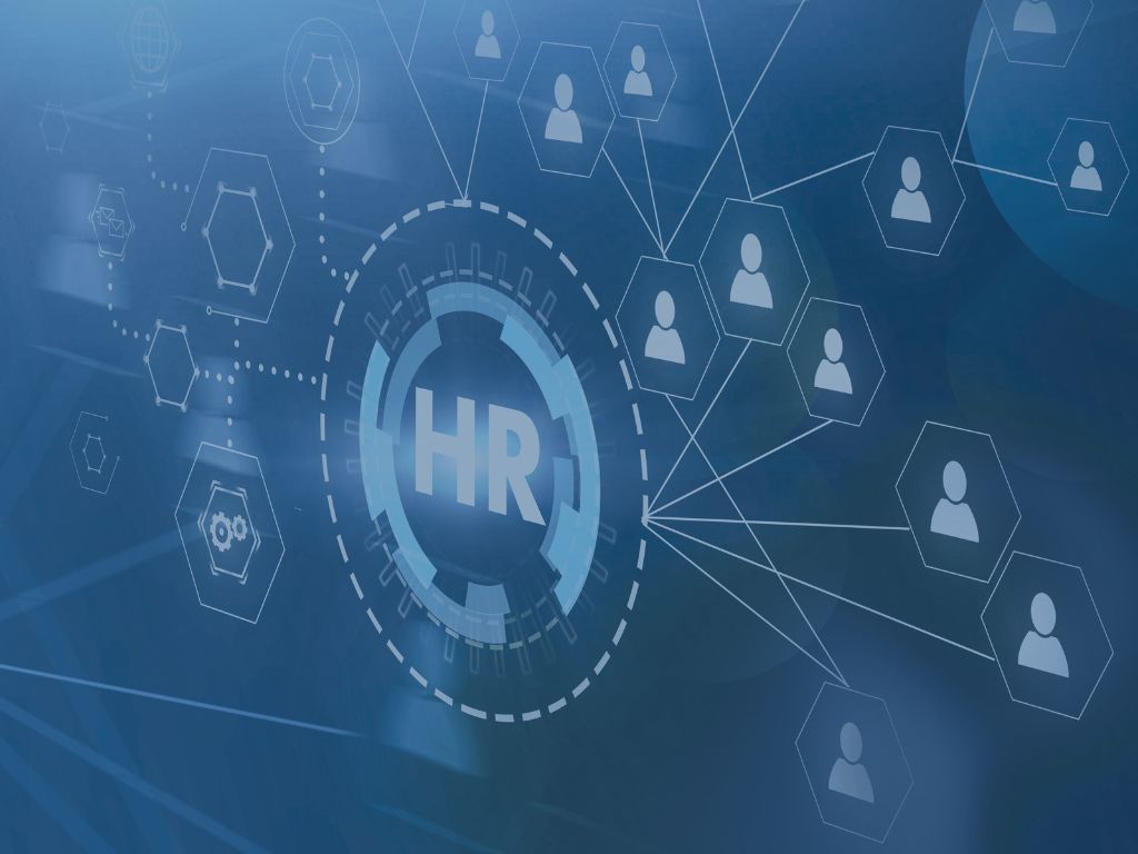 Staffing image of person icons with HR main icon with tech overlay