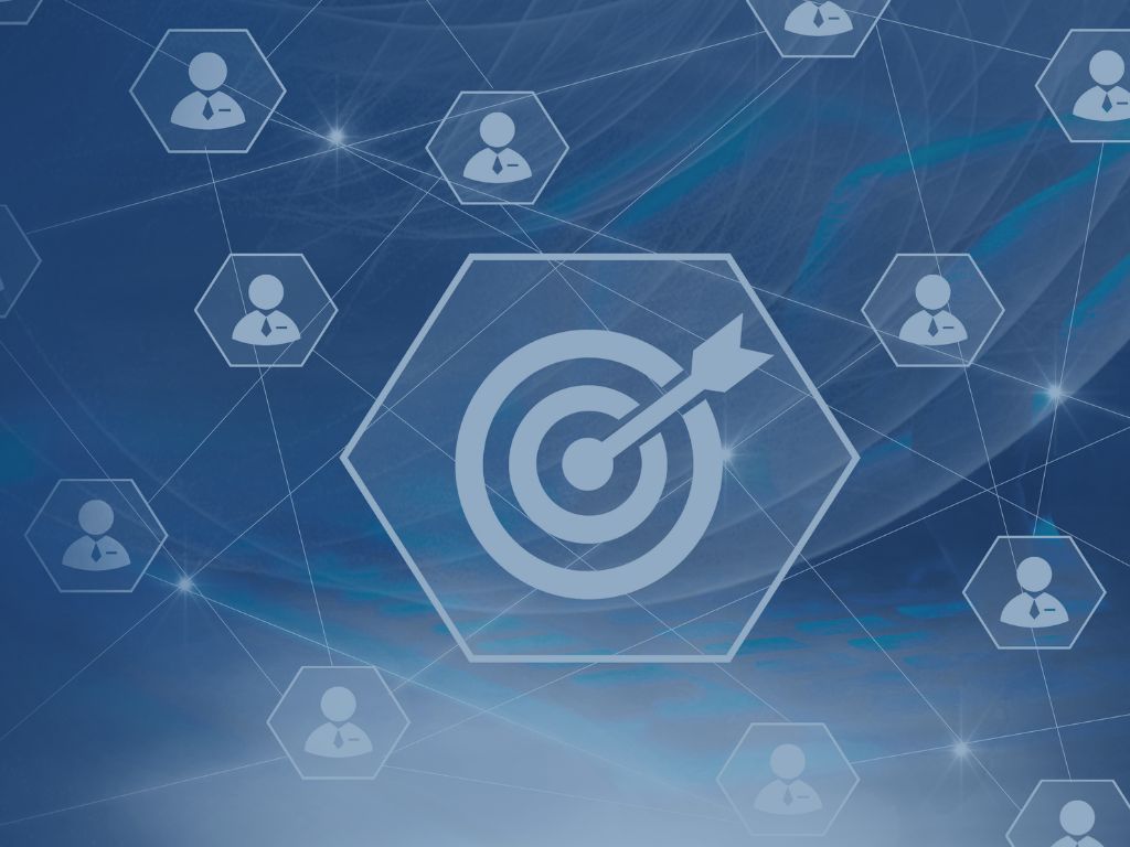 Staffing image of person icons with bullseye main icon with tech overlay