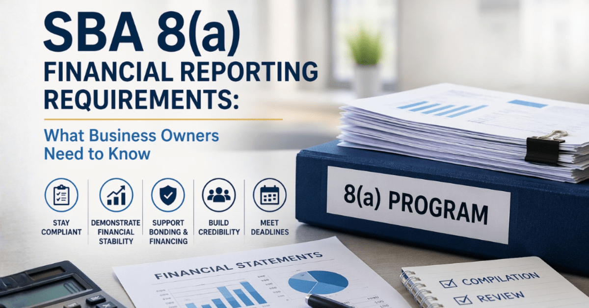 SBA 8(a) financial reporting concept showing financial statements, calculator, laptop, and binder labeled 8(a) program, emphasizing compliance, stability, and business growth.