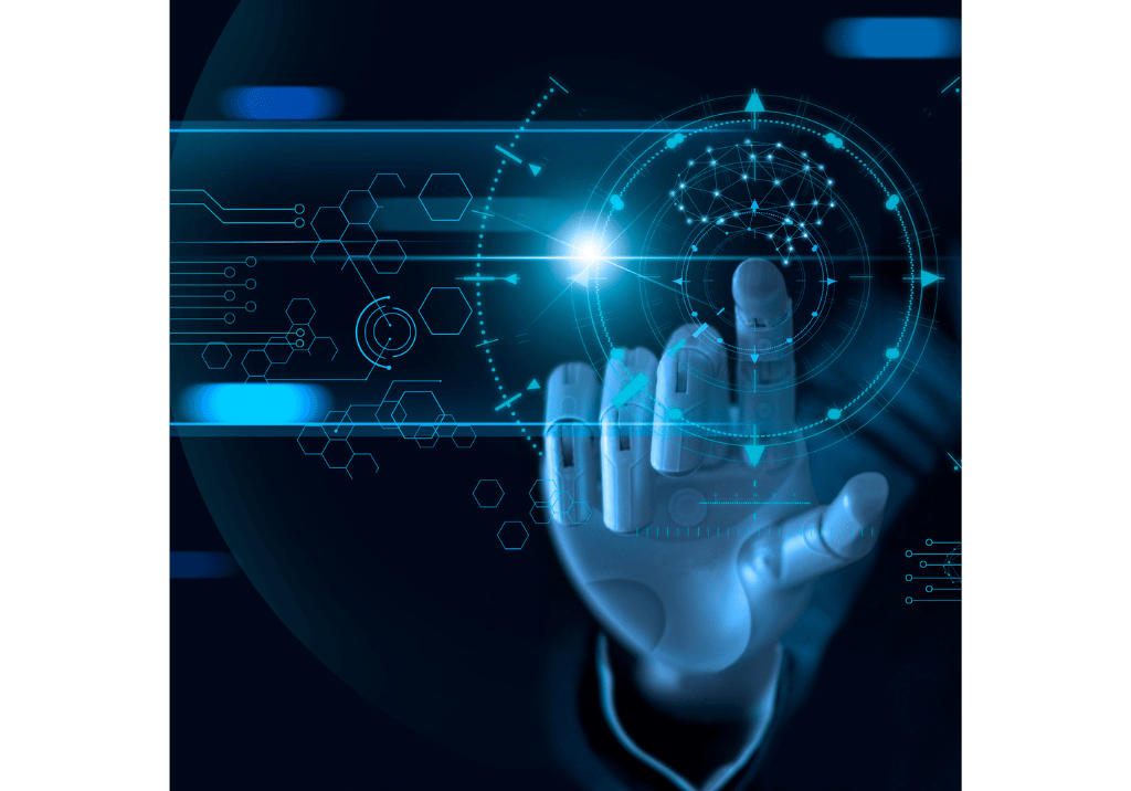 Digital AI interface with a robotic hand interacting with virtual data and analytics dashboards, representing AI use cases for government contractors.