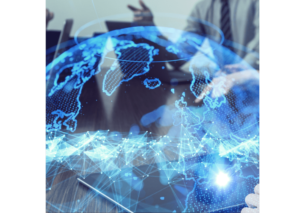 Digital network visualization overlaid on a business meeting, representing ERP modernization through AI, automation, analytics, and intelligent integrations that connect enterprise systems and improve organizational visibility.