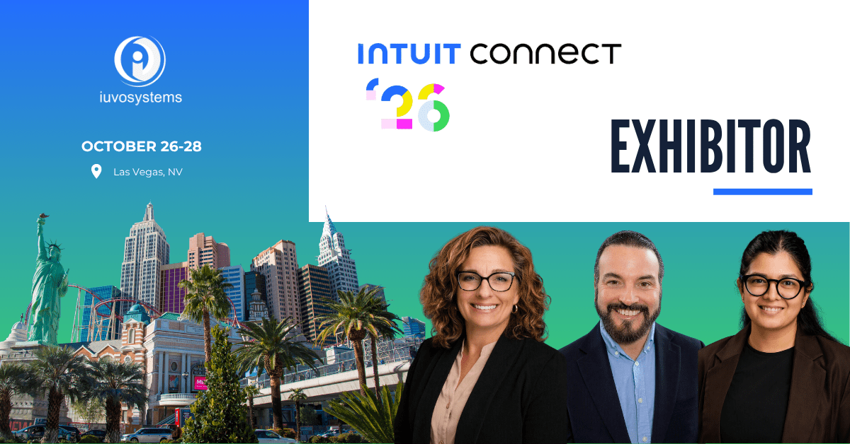 Promotional graphic for Iuvo Systems exhibiting at Intuit Connect 2026 in Las Vegas, Nevada, October 26–28, featuring the event logo, Las Vegas skyline, and Team Iuvo representatives.