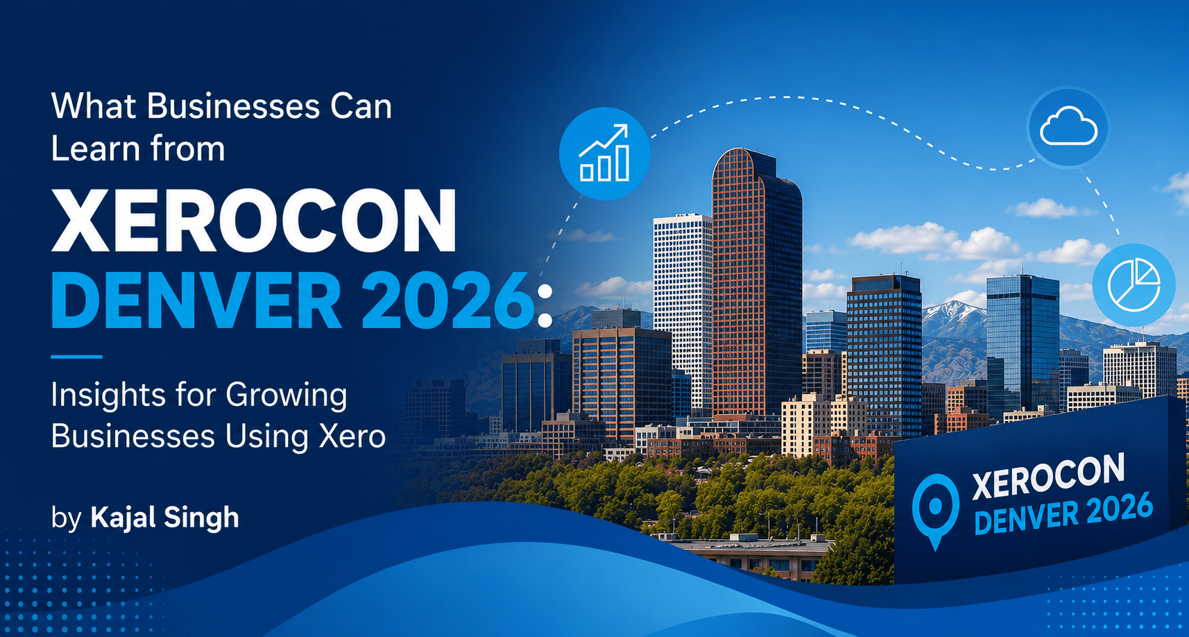 Graphic promoting Xerocon Denver 2026 featuring the Denver skyline and business technology icons, highlighting trends and insights for businesses using Xero.