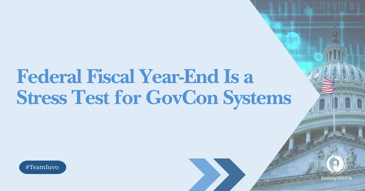 Federal fiscal year-end system readiness illustration featuring the U.S. Capitol building, technology graphics, and GovCon systems stress test theme.