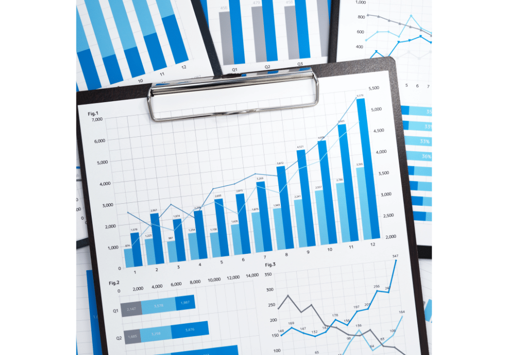 Financial charts and performance reports showing budget versus actual results, revenue trends, forecasting data, and financial analysis for government contractors.