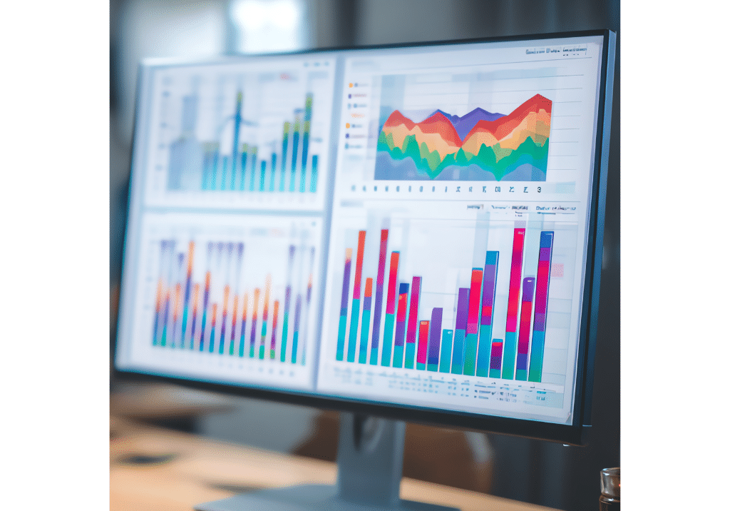 Computer monitor displaying colorful data analytics dashboards with bar charts, trend graphs, and performance metrics.