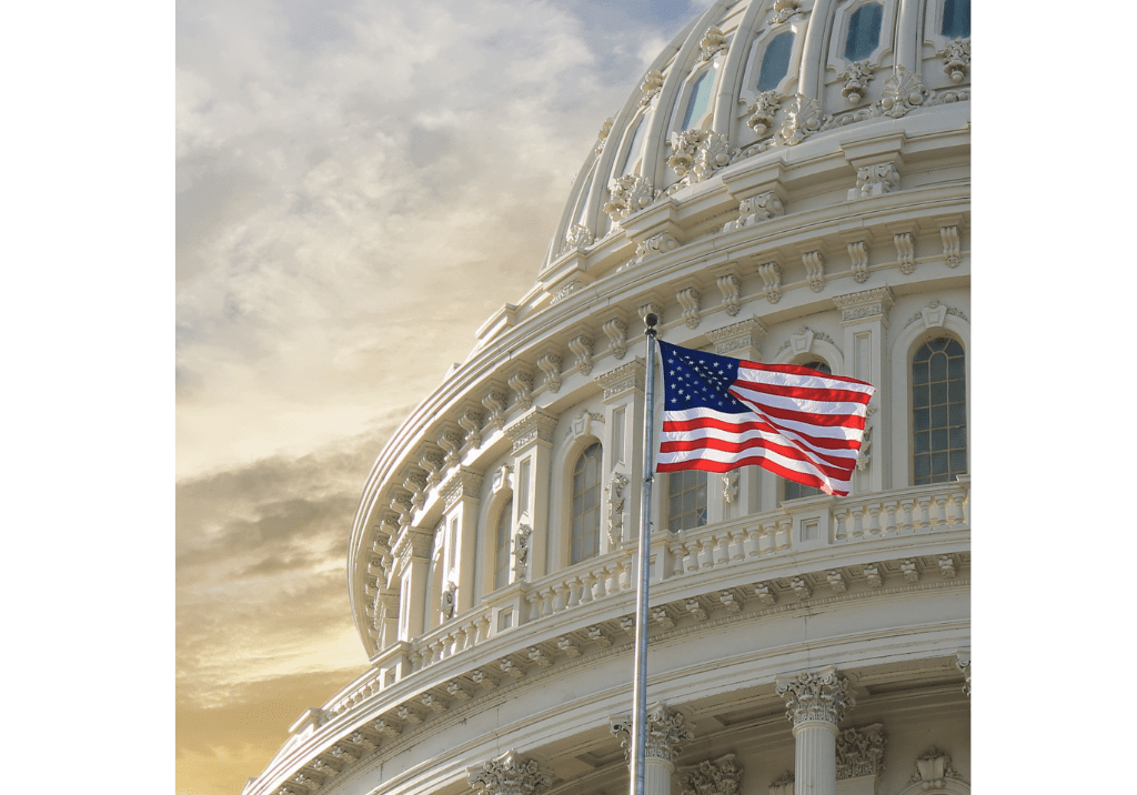 U.S. Capitol building with an American flag displayed.