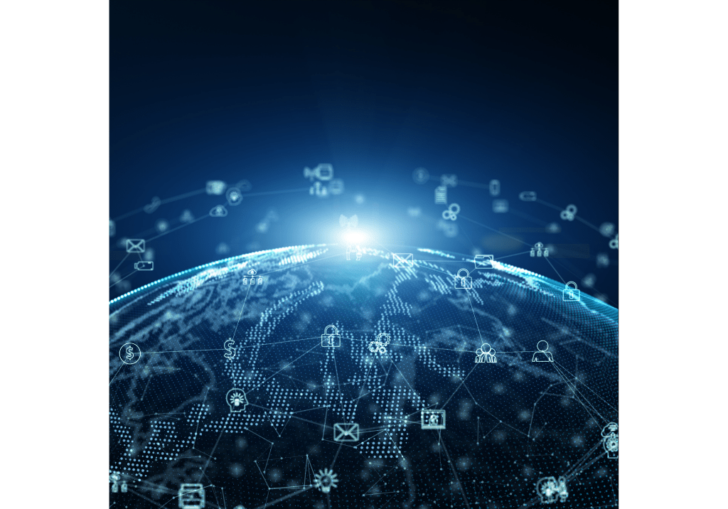 Digital globe with connected data points and technology icons representing data integration, analytics, AI, and business intelligence.